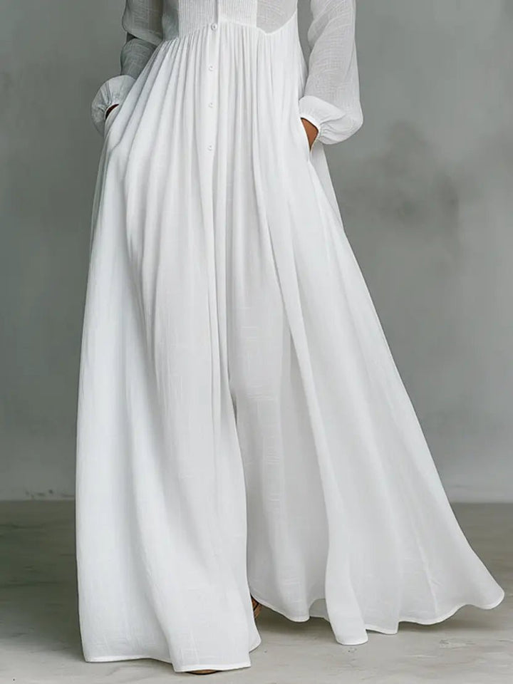 Robe Longue Femme à Col Chemise et Jupe Fluide