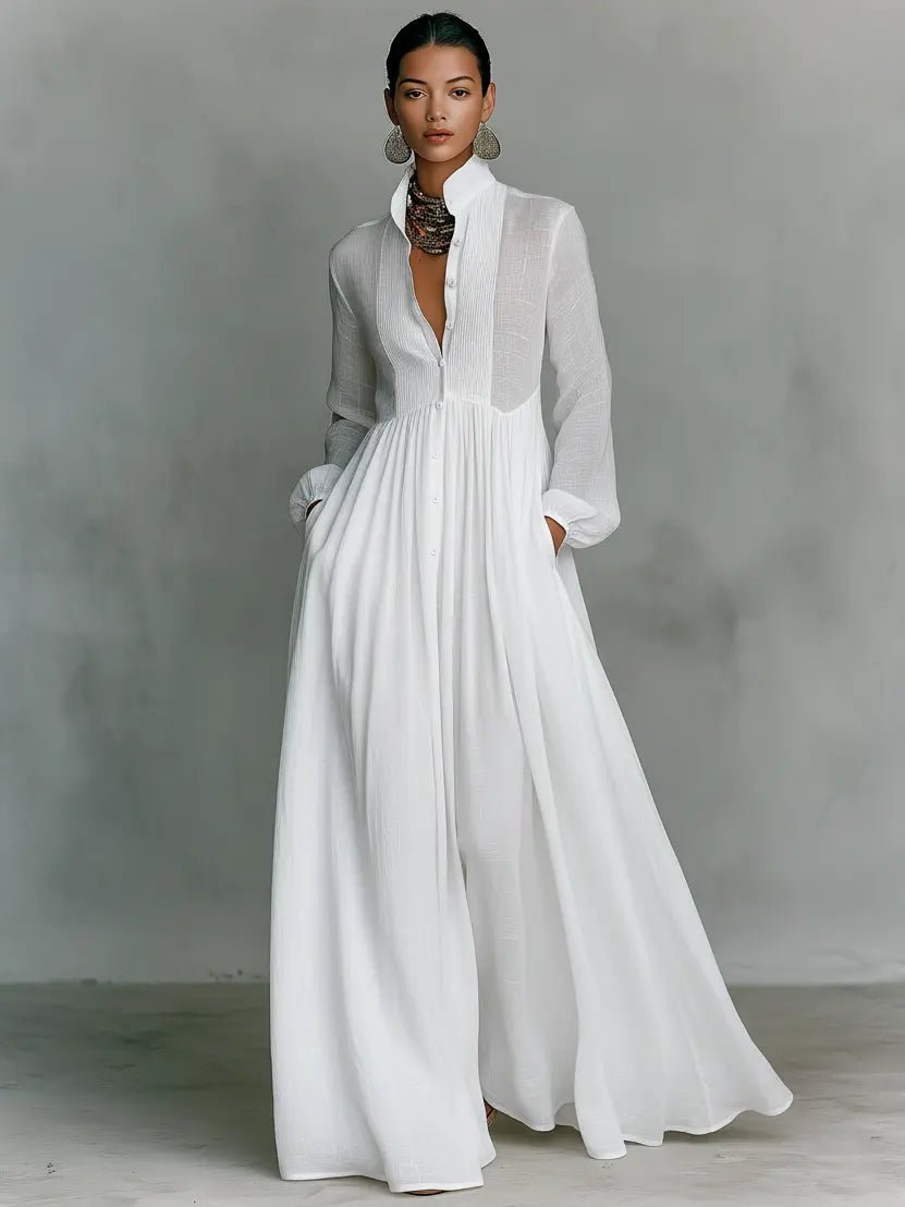 Robe Longue Femme à Col Chemise et Jupe Fluide