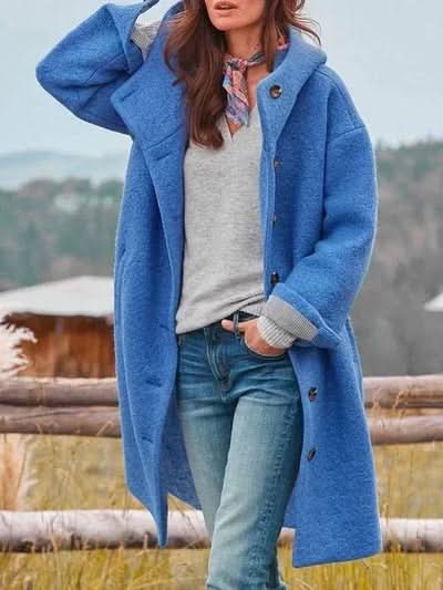 Cappotto lungo con cappuccio e bottoni da donna