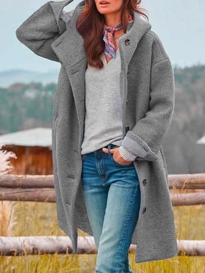 Cappotto lungo con cappuccio e bottoni da donna