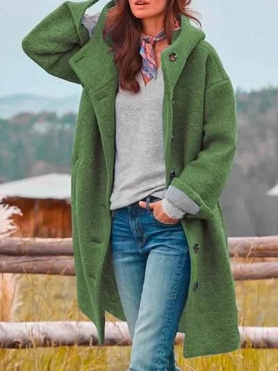 Cappotto lungo con cappuccio e bottoni da donna