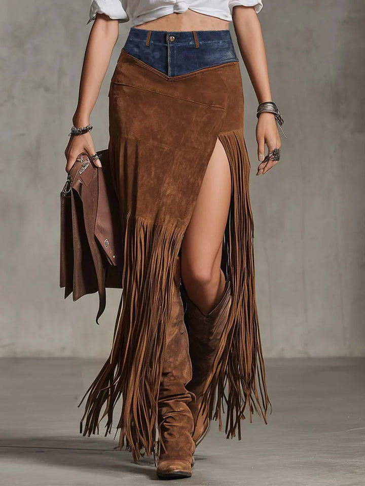 Γυναικεία μποέμ σουέτ φούστα με κρόσσια
