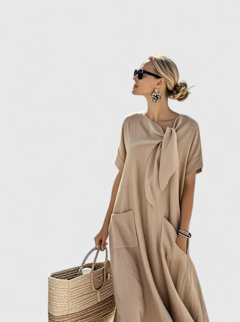 Loose and Flowing Long Women's Dress with Short Sleeves, Casual Style – Marlovale