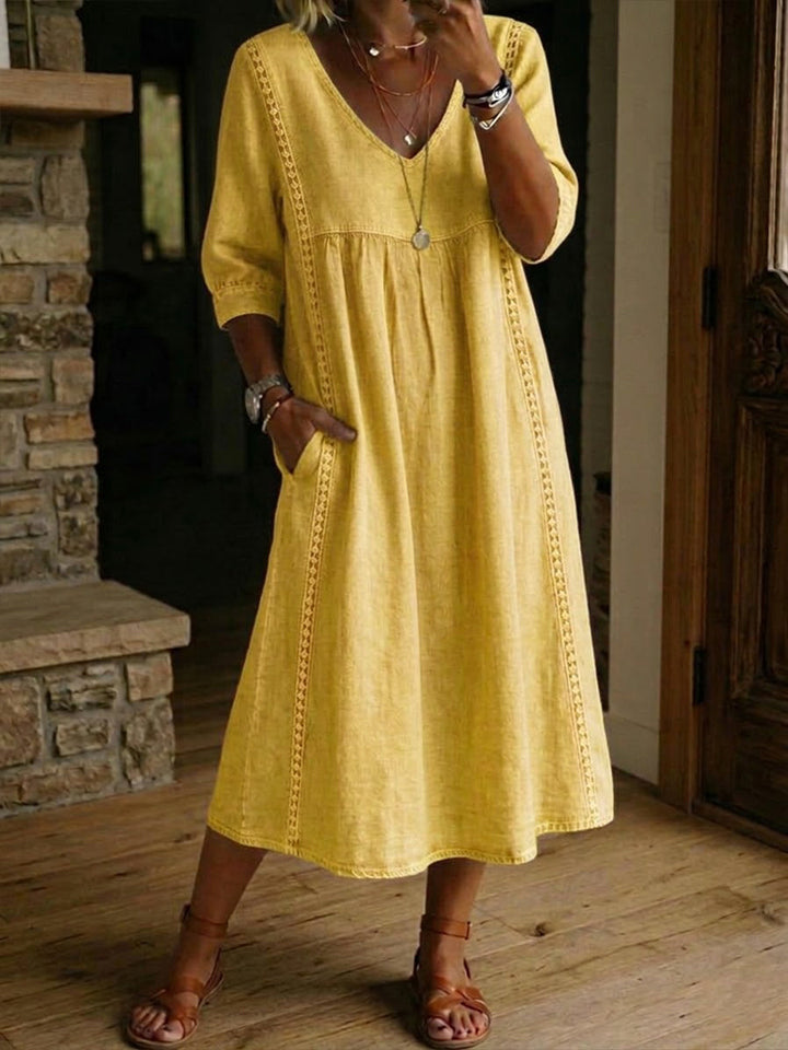 Robe Midi Femme Décontractée à Col V et Coupe Évasée