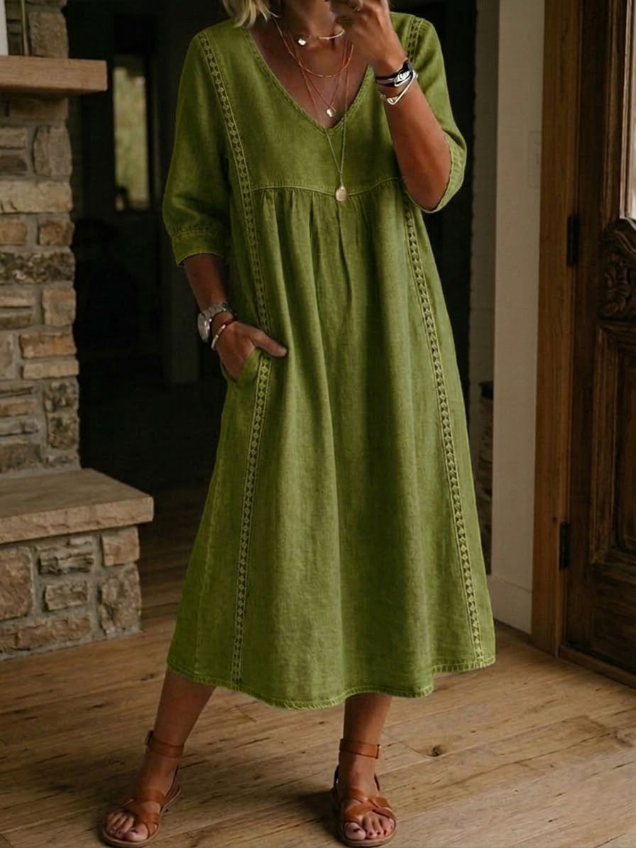 Robe Midi Femme Décontractée à Col V et Coupe Évasée
