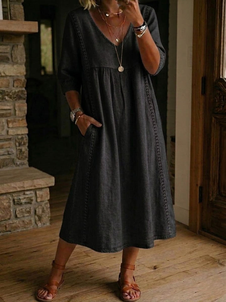 Robe Midi Femme Décontractée à Col V et Coupe Évasée