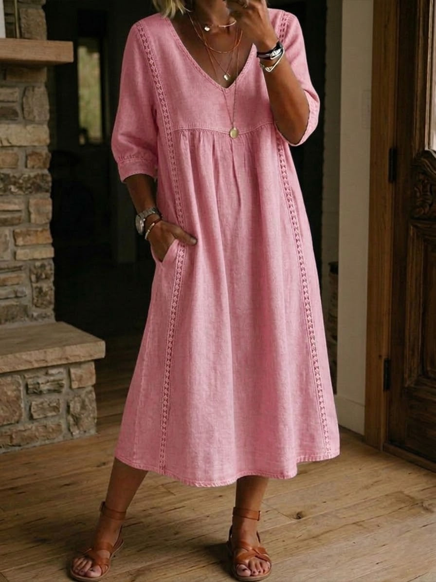 Robe Midi Femme Décontractée à Col V et Coupe Évasée