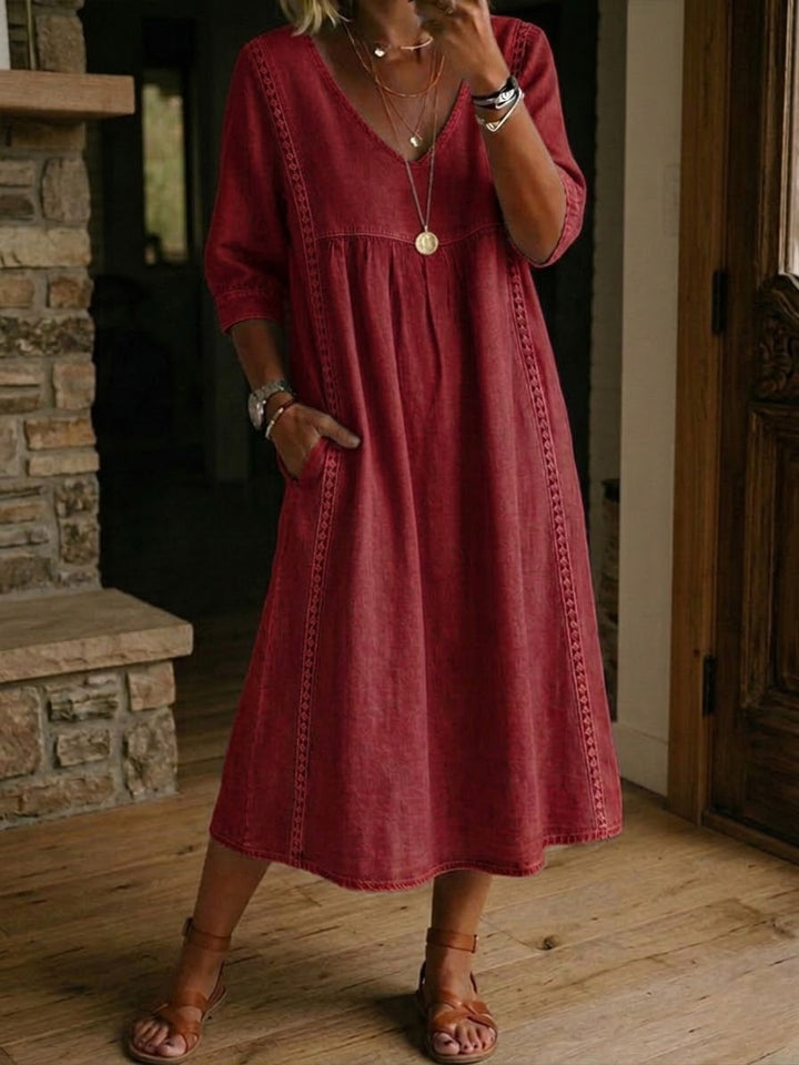 Robe Midi Femme Décontractée à Col V et Coupe Évasée