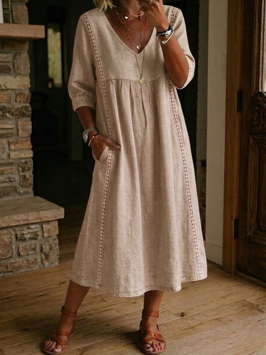Robe Midi Femme Décontractée à Col V et Coupe Évasée