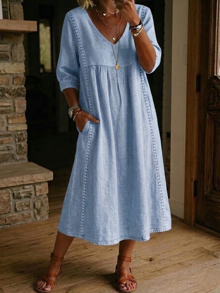 Robe Midi Femme Décontractée à Col V et Coupe Évasée