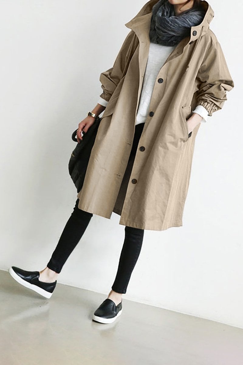 Manteau Femme Long à Capuche et Boutonnage Classique
