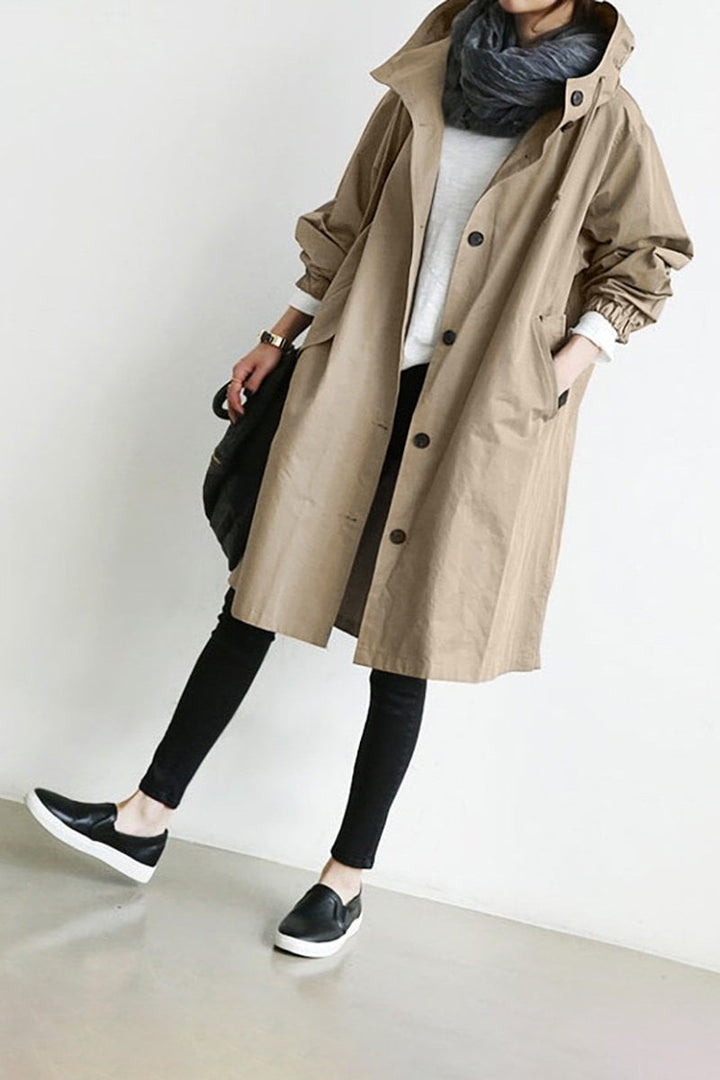 Manteau Femme Long à Capuche et Boutonnage Classique