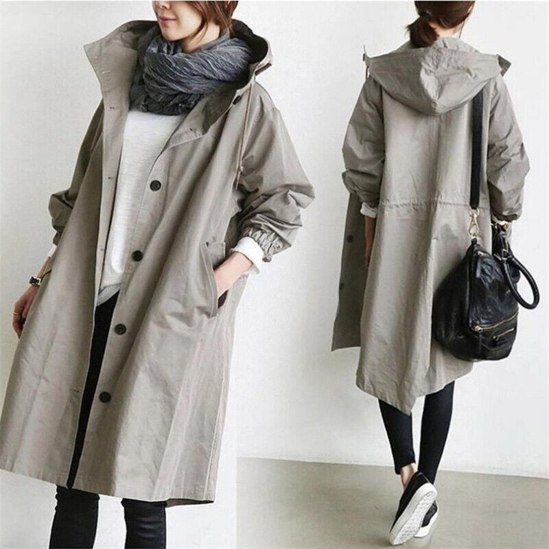 Manteau Femme Long à Capuche et Boutonnage Classique