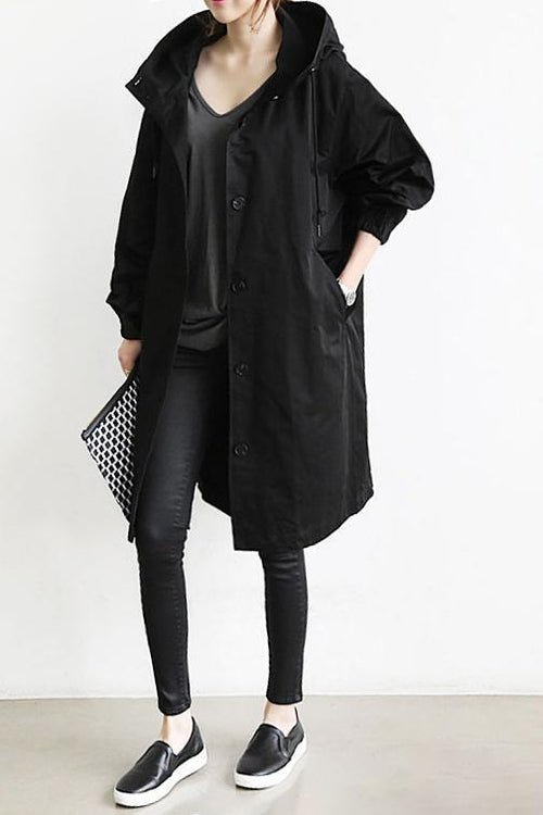 Manteau Femme Long à Capuche et Boutonnage Classique