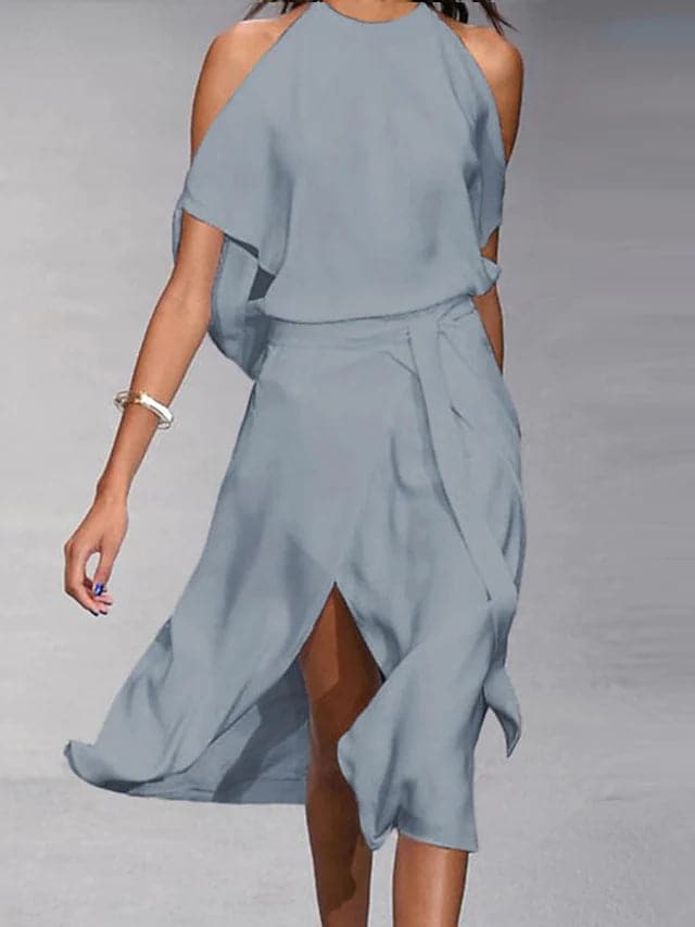 Vestito midi fluido da donna senza maniche con volant asimmetrici