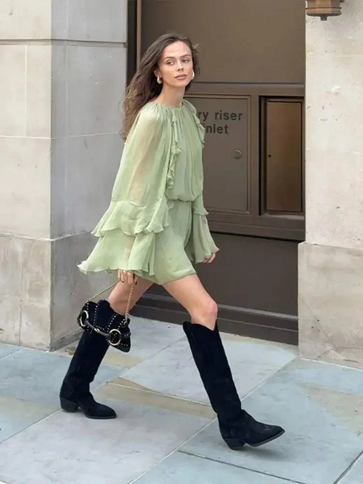 Vestito corto con volant da donna verde per serata