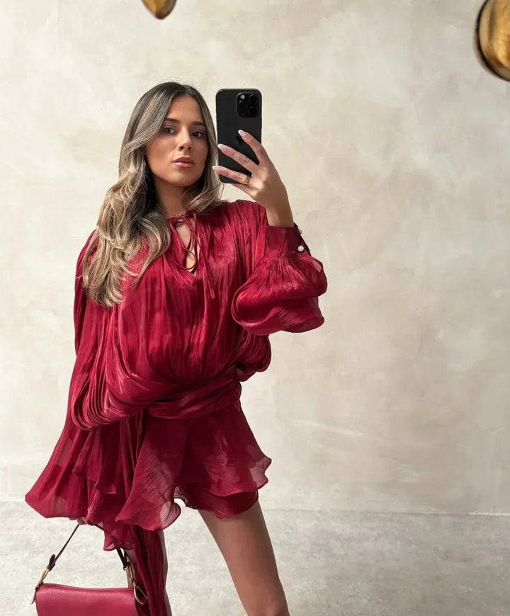 Robe Courte d'Été Femme Plissée avec Manches Bouffantes Tendance