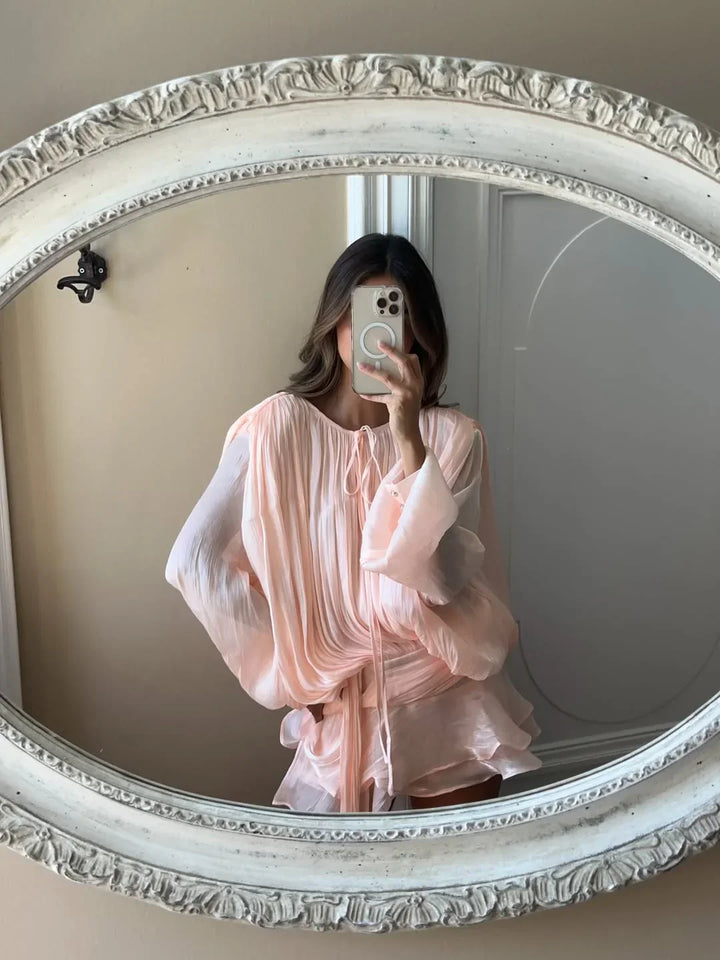 Robe Courte d'Été Femme Plissée avec Manches Bouffantes Tendance