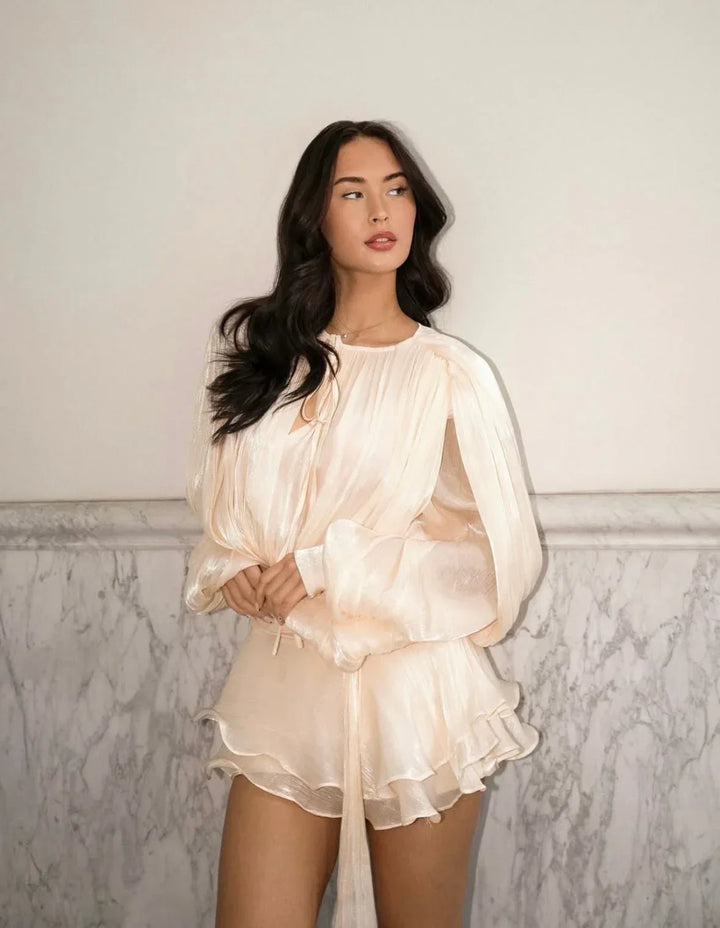 Robe Courte d'Été Femme Plissée avec Manches Bouffantes Tendance