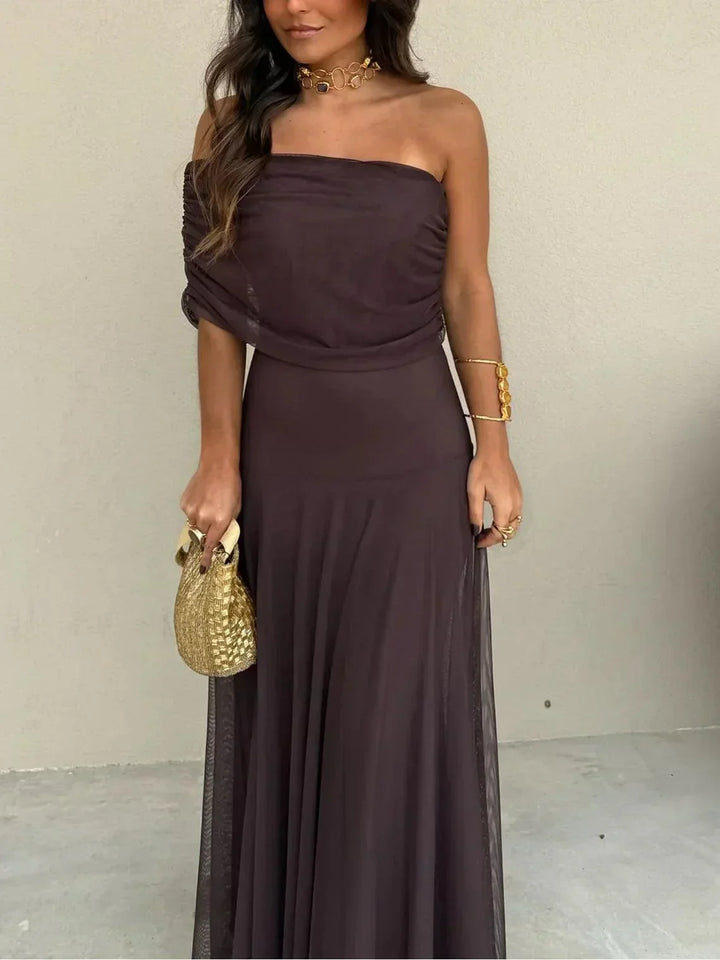 Robe Longue Femme Chocolat à Épaules Dénudées en Tissu Fluide