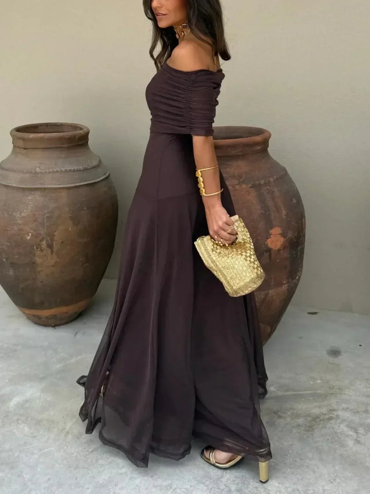 Robe longue épaules nues marron femme