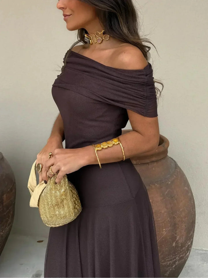 Robe Longue Femme Chocolat à Épaules Dénudées en Tissu Fluide
