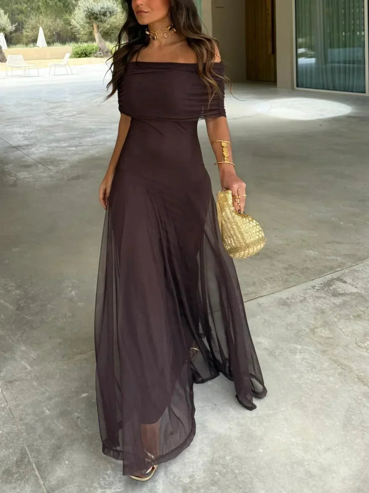 Robe Longue Femme Chocolat à Épaules Dénudées en Tissu Fluide