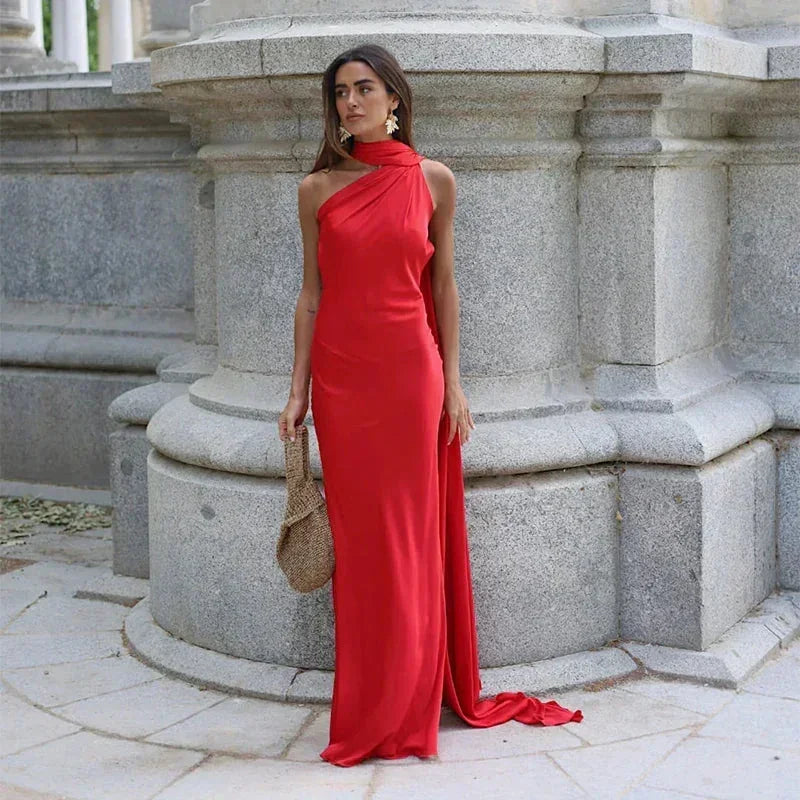Robe Longue Femme Drapée à Bretelle Unique Asymétrique