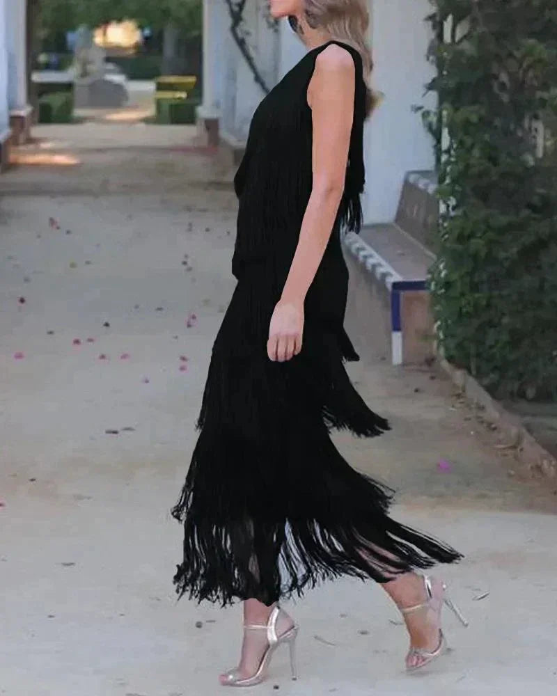 Robe longue franges asymétrique pour femme
