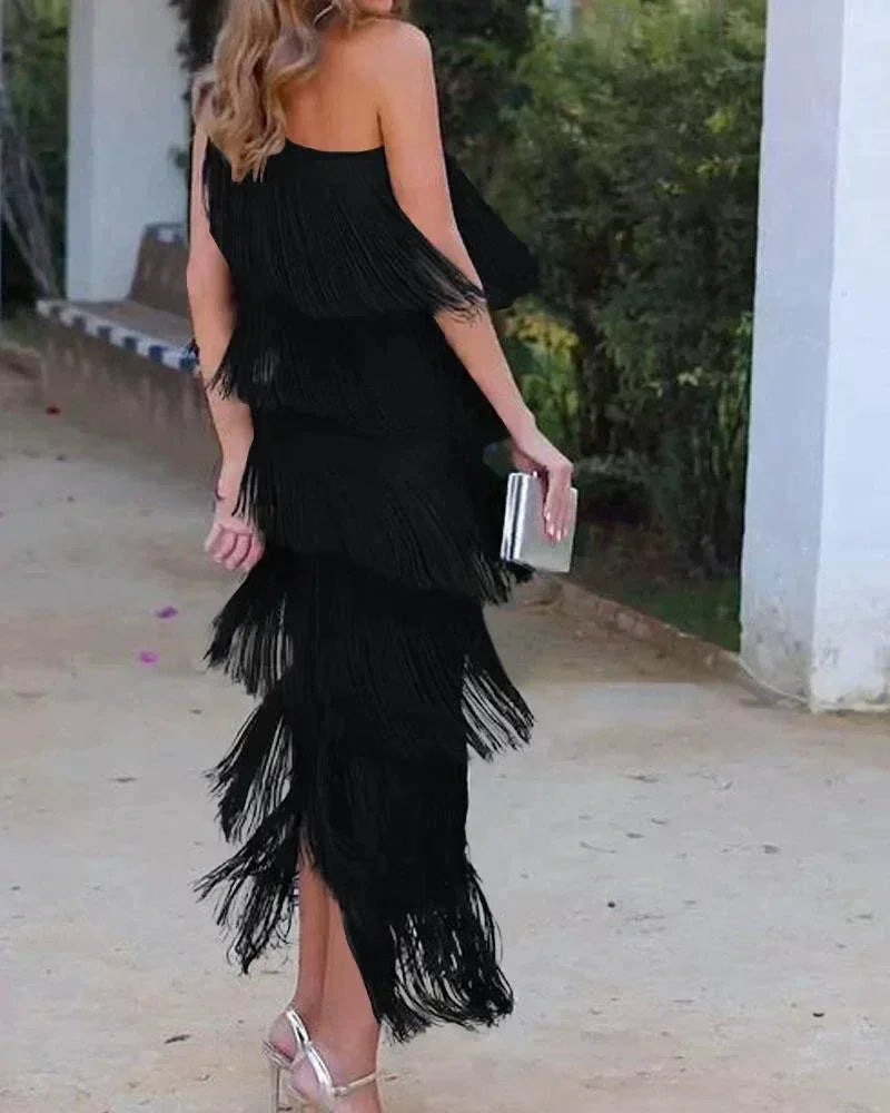 Asymmetric long fringe dress for women