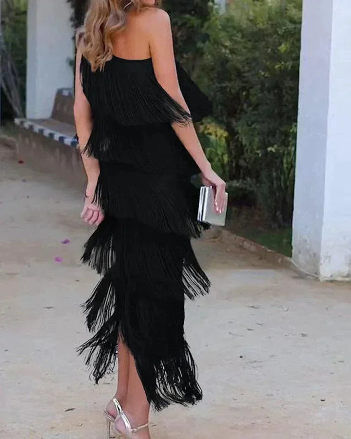 Robe longue franges asymétrique pour femme