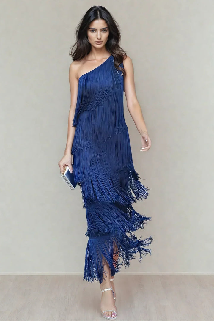 Robe longue franges asymétrique pour femme