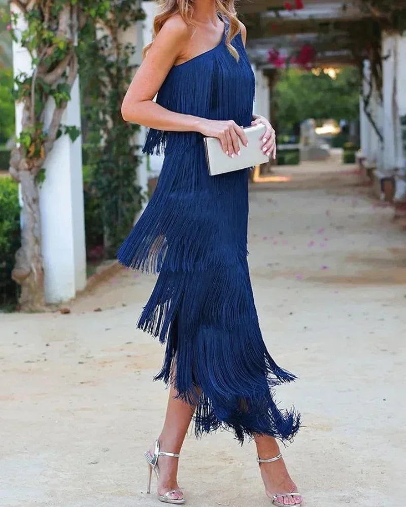 Robe longue franges asymétrique pour femme