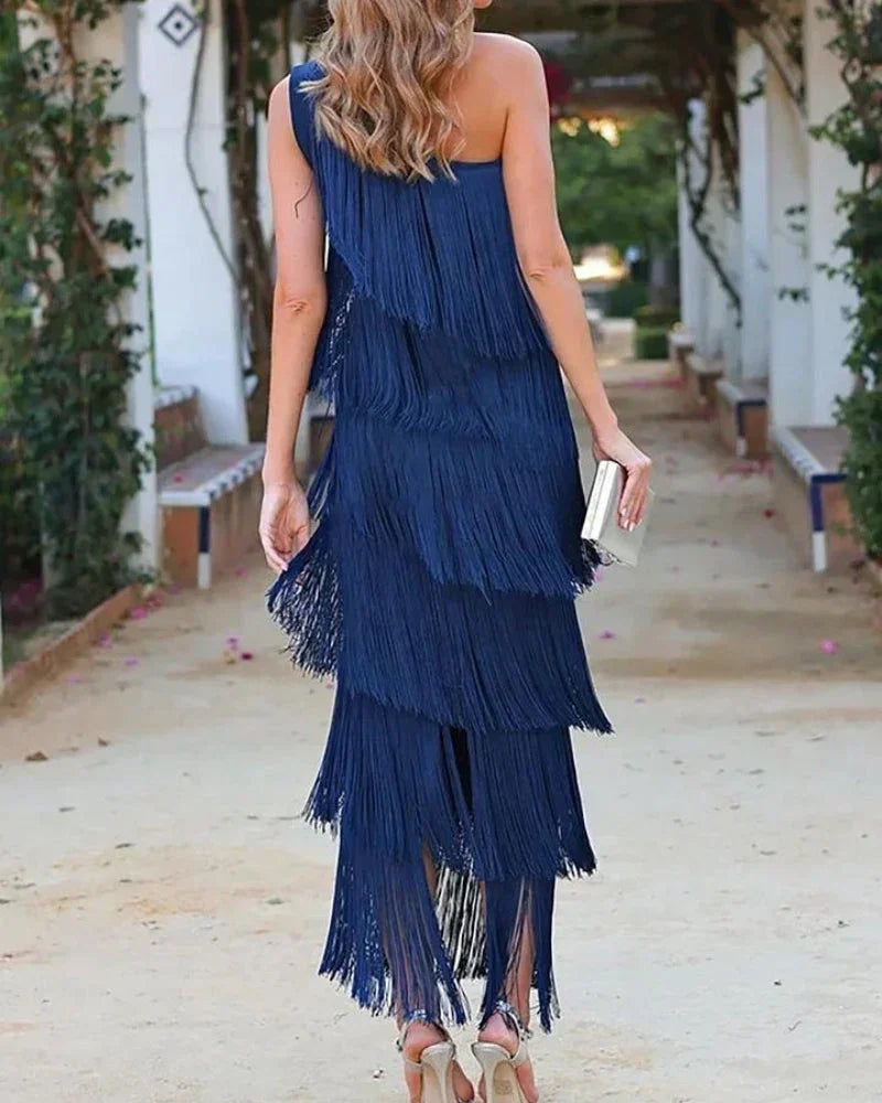 Robe longue franges asymétrique pour femme