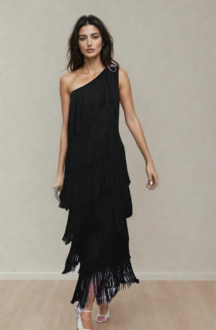 Robe longue franges asymétrique pour femme