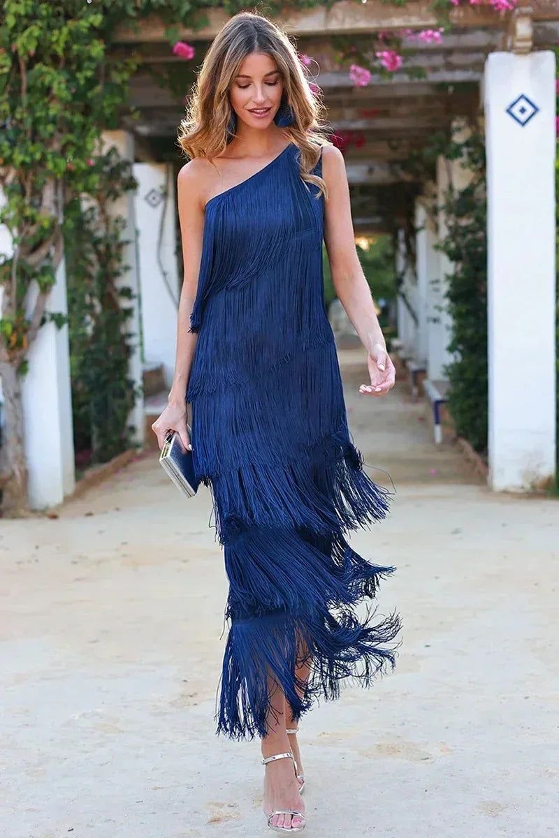 Asymmetric long fringe dress for women