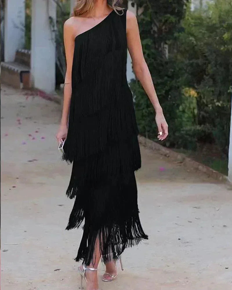 Robe longue franges asymétrique pour femme