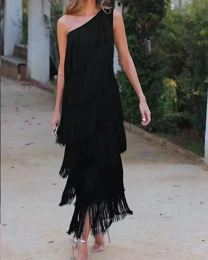 Robe longue franges asymétrique pour femme