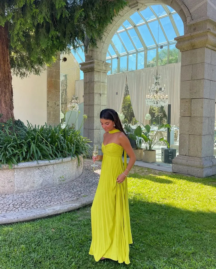 Robe Longue Femme Élégante Plissée à Bretelles Fines et Silhouette Fluide
