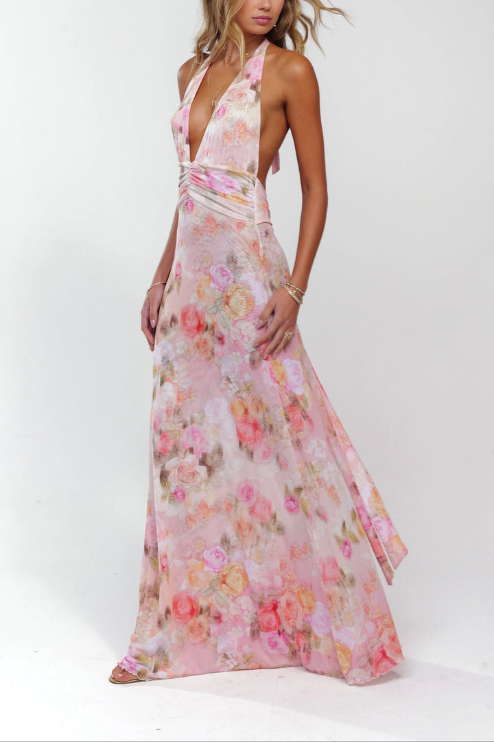 Robe maxi femme rose floral dos nu
