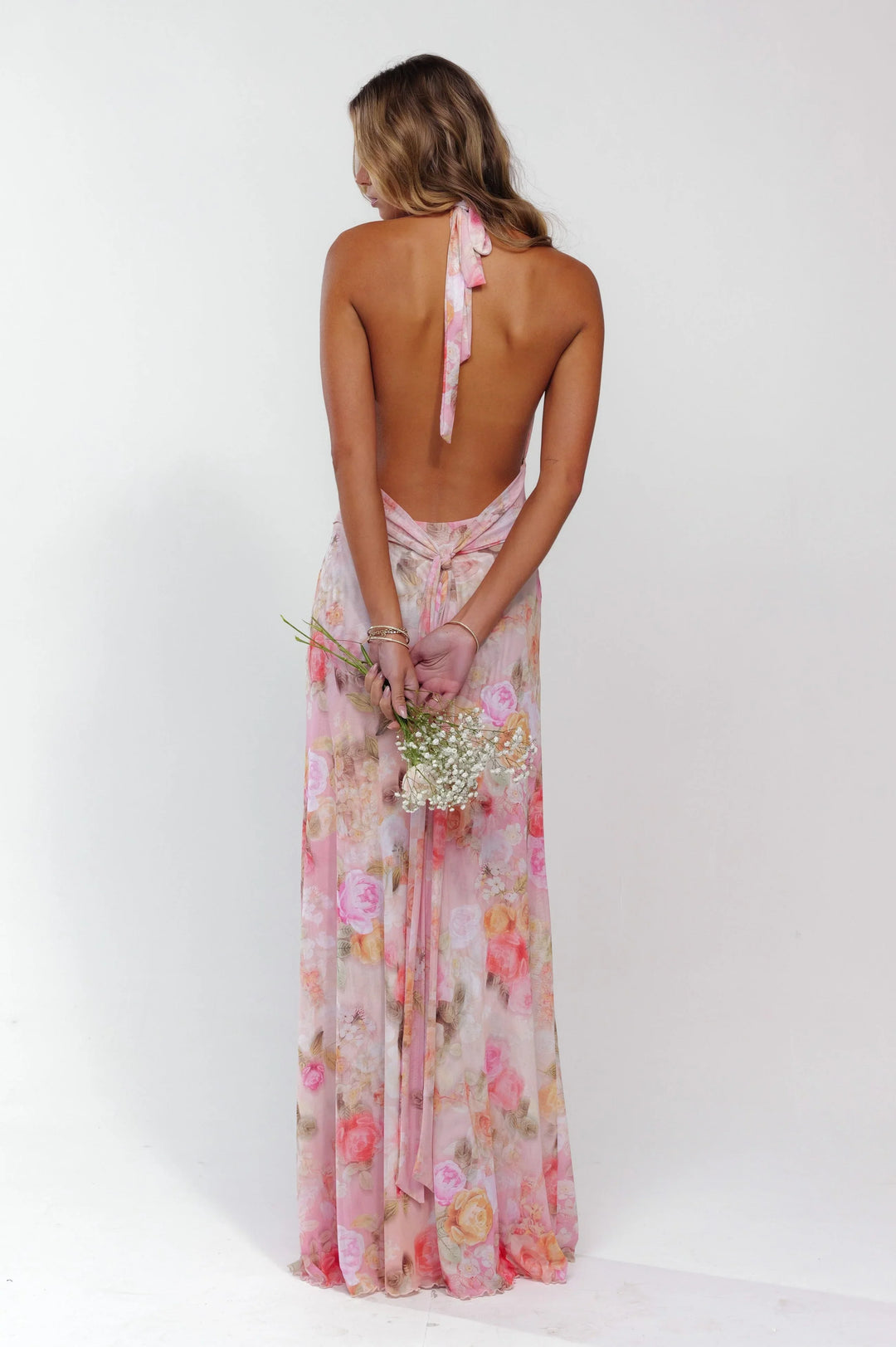 Robe maxi femme rose floral dos nu