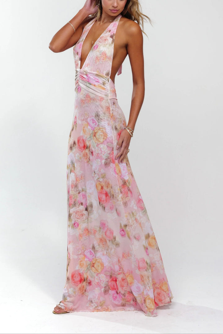 Robe maxi femme rose floral dos nu