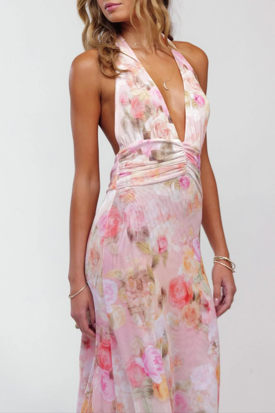 Robe maxi femme rose floral dos nu