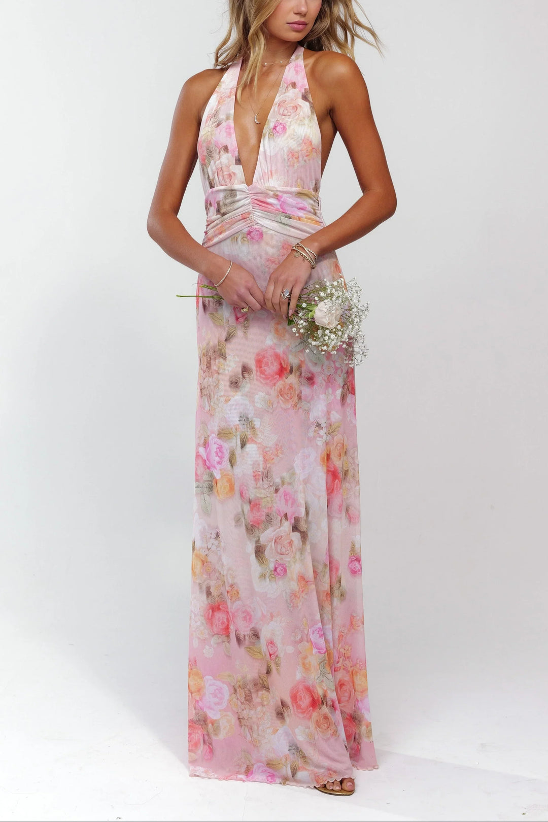 Robe maxi femme rose floral dos nu