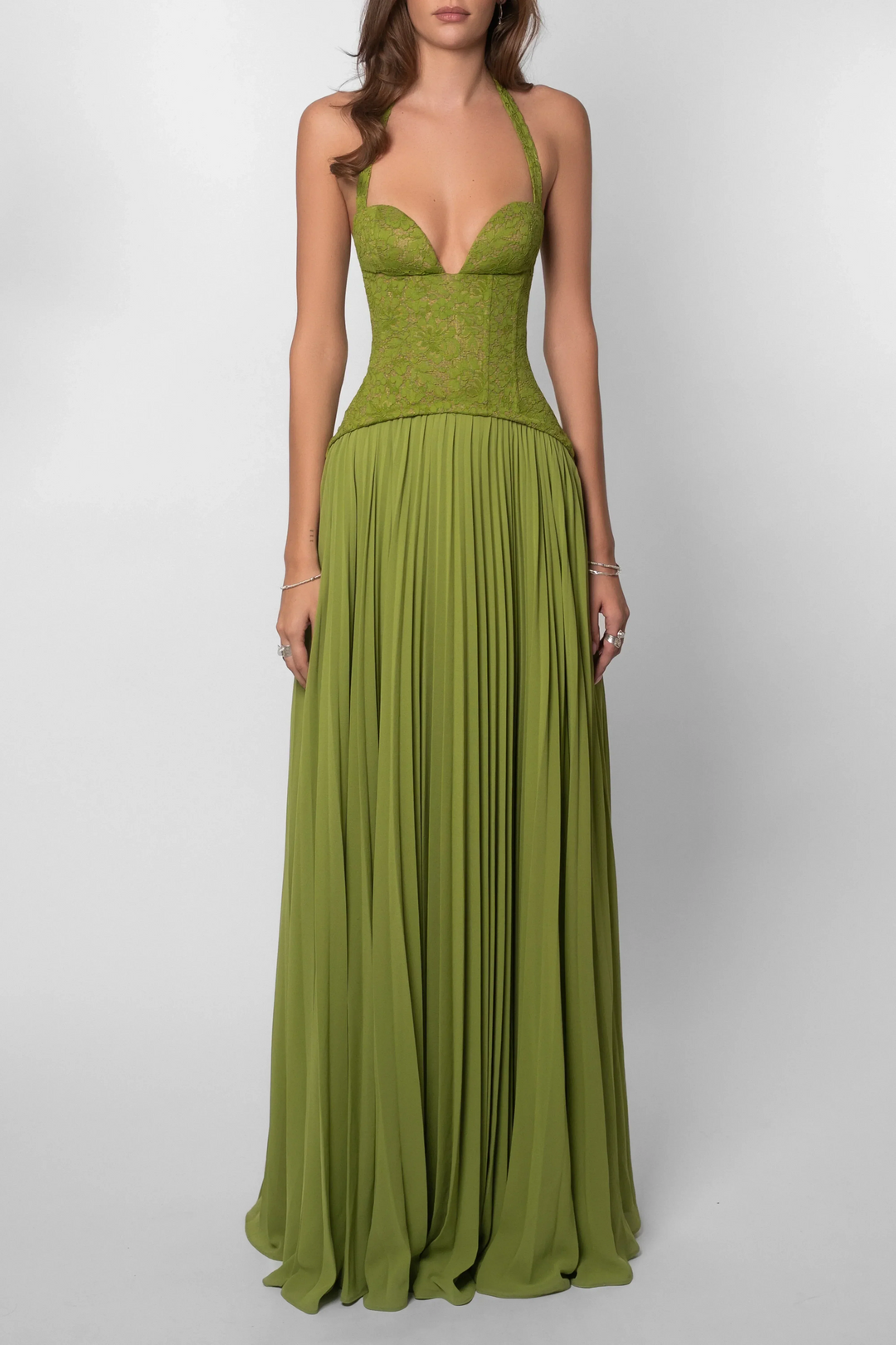 Robe Longue Femme Verte Plissée avec Corset Ajusté et Bretelles Fines
