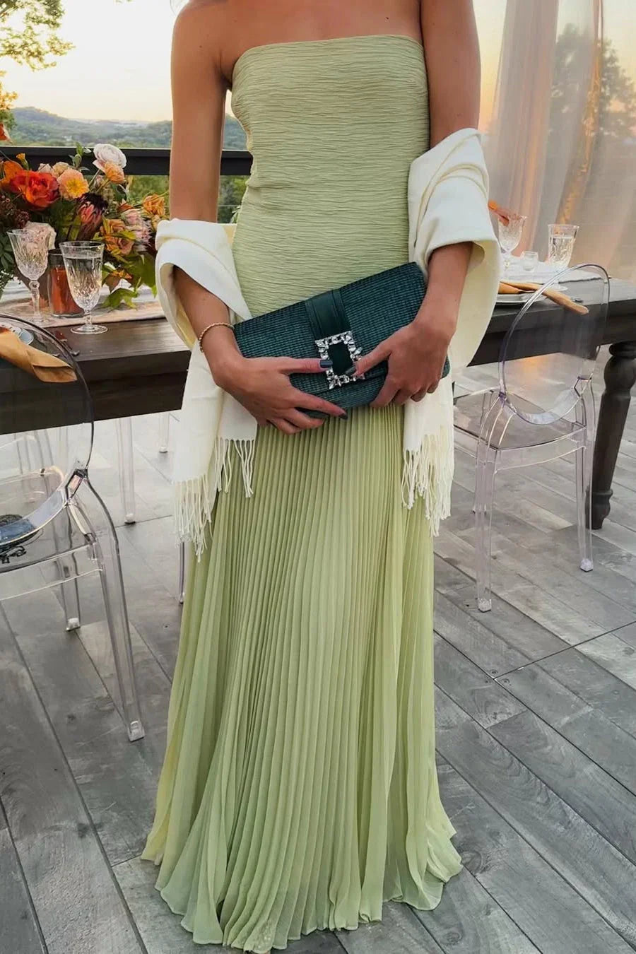 Abito lungo plissettato verde da donna
