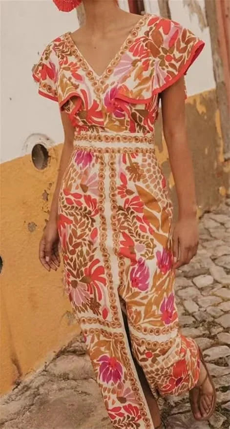 Abito lungo a fiori con scollo a V da donna