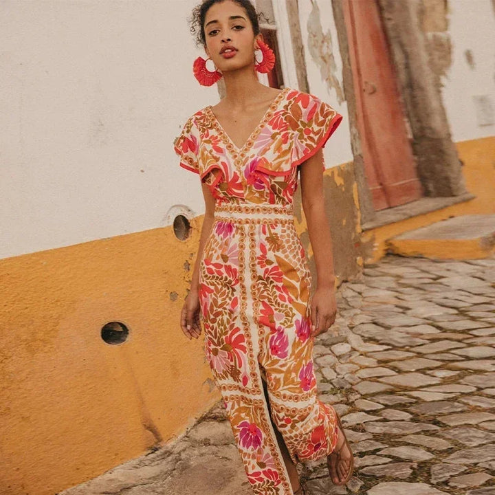 Robe Longue Bohème Femme Imprimée à Col V avec Fente Élégante
