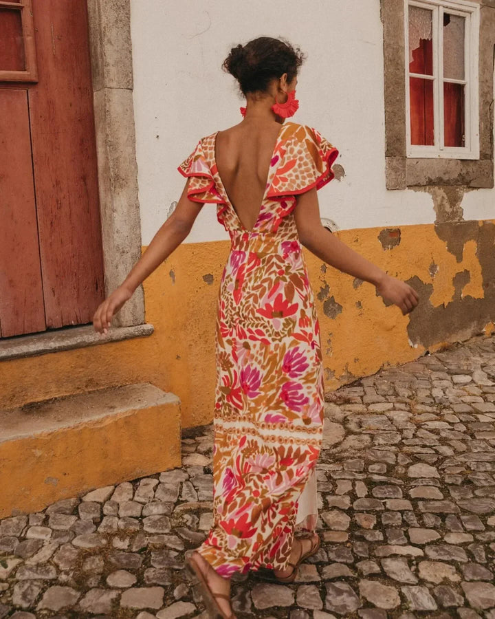 Robe Longue Bohème Femme Imprimée à Col V avec Fente Élégante