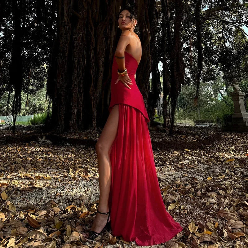 Abito lungo donna senza maniche con spacco e bustier